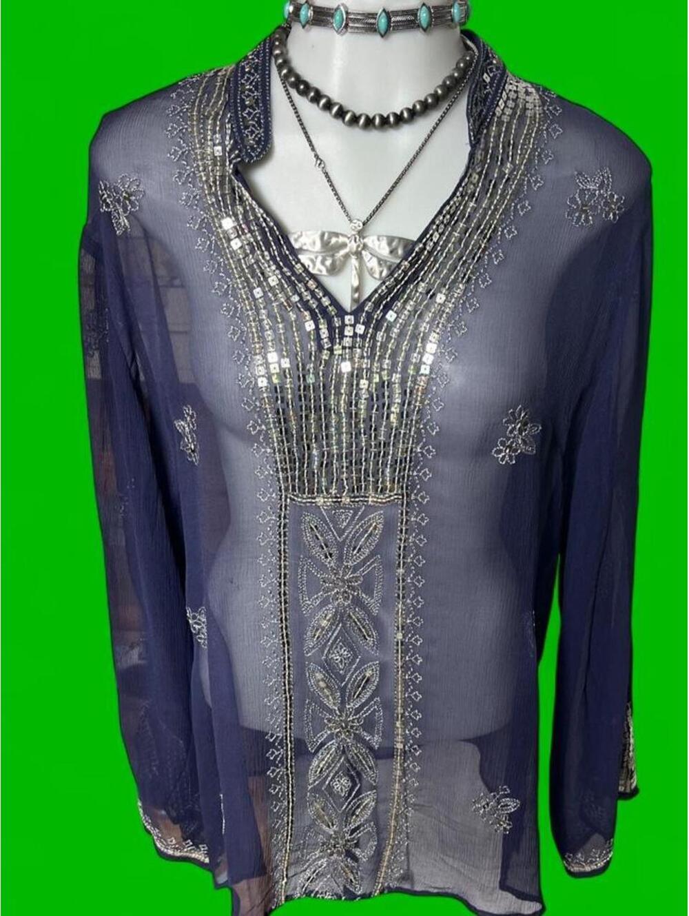Donna Cody Navy Blue 100% Silk Beaded Boho Blouse with Silver Beaded Embroidery